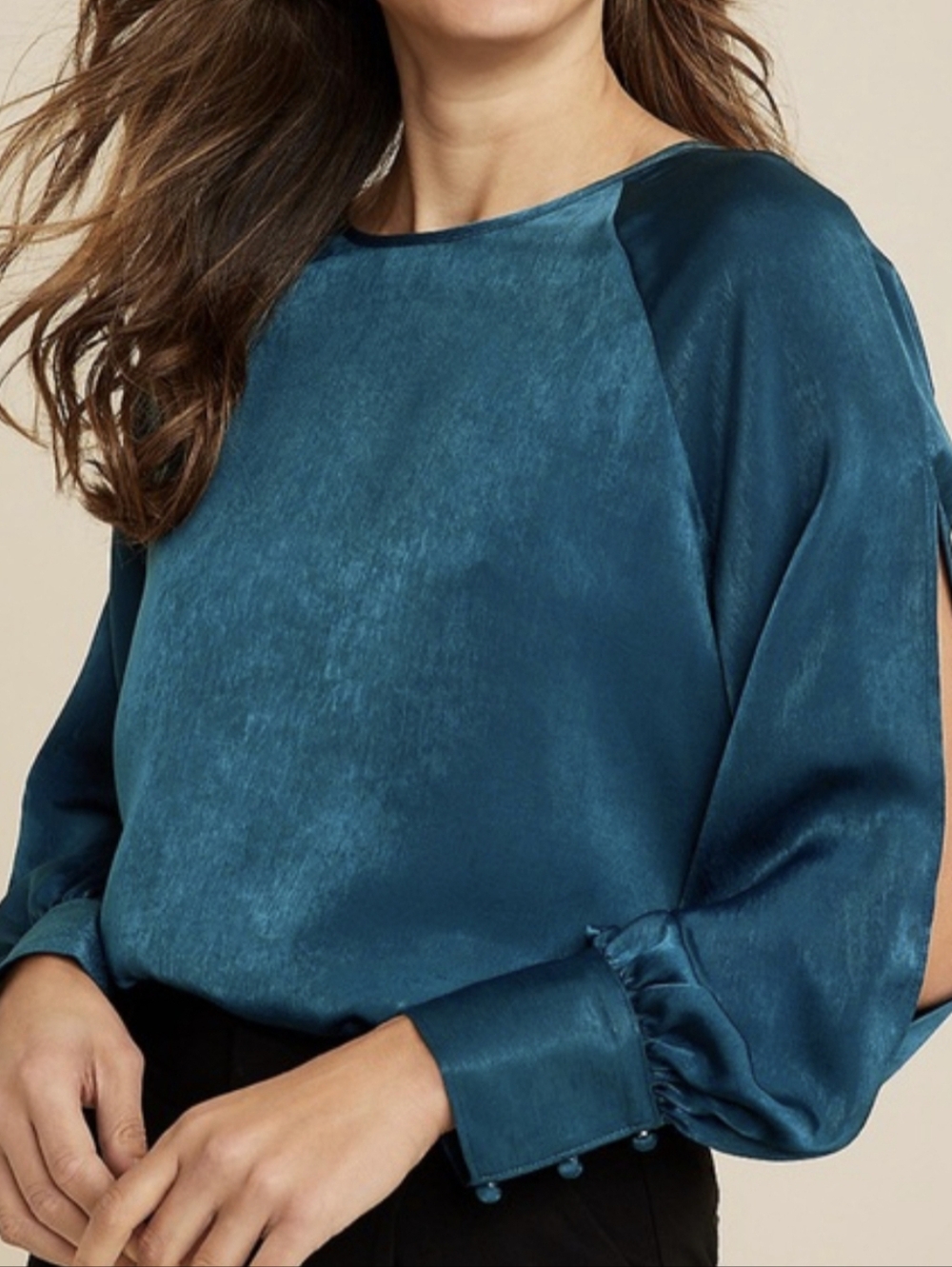 Teal Satin Long-Sleeve Women's Blouse